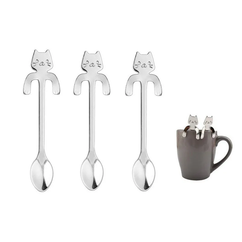 Kitchen Small Mini 304 Stainless Steel Cat Coffee Spoon Teaspoon Dessert Spoon Long Handle Tableware Rose Gold Flatwara 40JY154