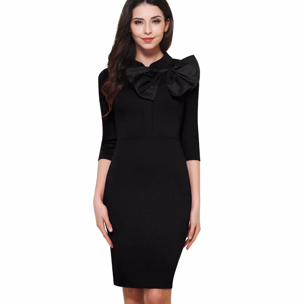 Хорошее-forever винтажное одноцветное офисное женское платье с бантом облегающее элегантное платье-карандаш B244 - Цвет: Black