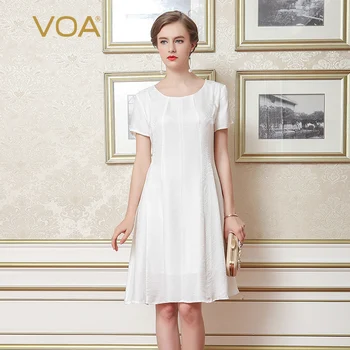 

VOA Silk Jacquard Women's Casual Loose Short Sleeve Knee-Length O-Neck Elegant Comfortable 2017 New Fashion Dress A7703
