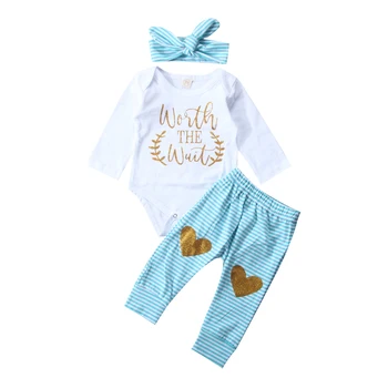 

3PCS Cotton Warm Romper Striped Pants Legging Jumpsuit Outfits Set Newborn Baby Girls Autumn Winter Clothes