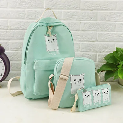 3 шт./компл. холст Для женщин, женские школьные сумки, школьные рюкзаки с рисунком милого кота школьная сумка рюкзак для девочек-подростков зеленая Moclila - Цвет: green