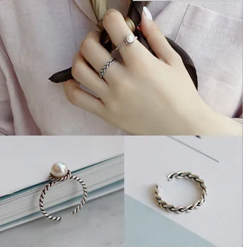 

1pc 100% wholesale Authentic S925 Sterling Silver Fine Jewelry Twisted Roped /Pearl rings silver charm open rings for women J268