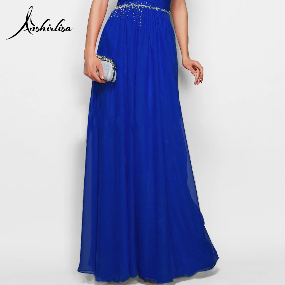 Anshirlisa Women's One Shoulder Beaded Pleated Chiffon Evening Dress Long Royal Blue Elegant A line Prom Gown for Formal Party