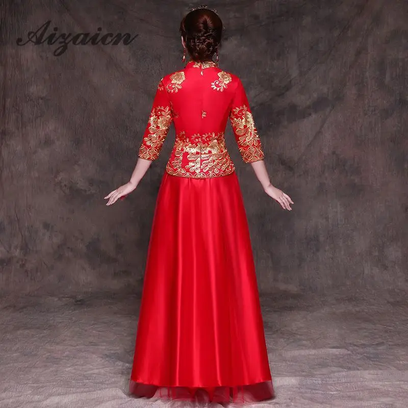 Невесты Qipao китайское свадебное платье красный длинный Ципао вышивка восточные платья традиционный вечерний халат Rouge