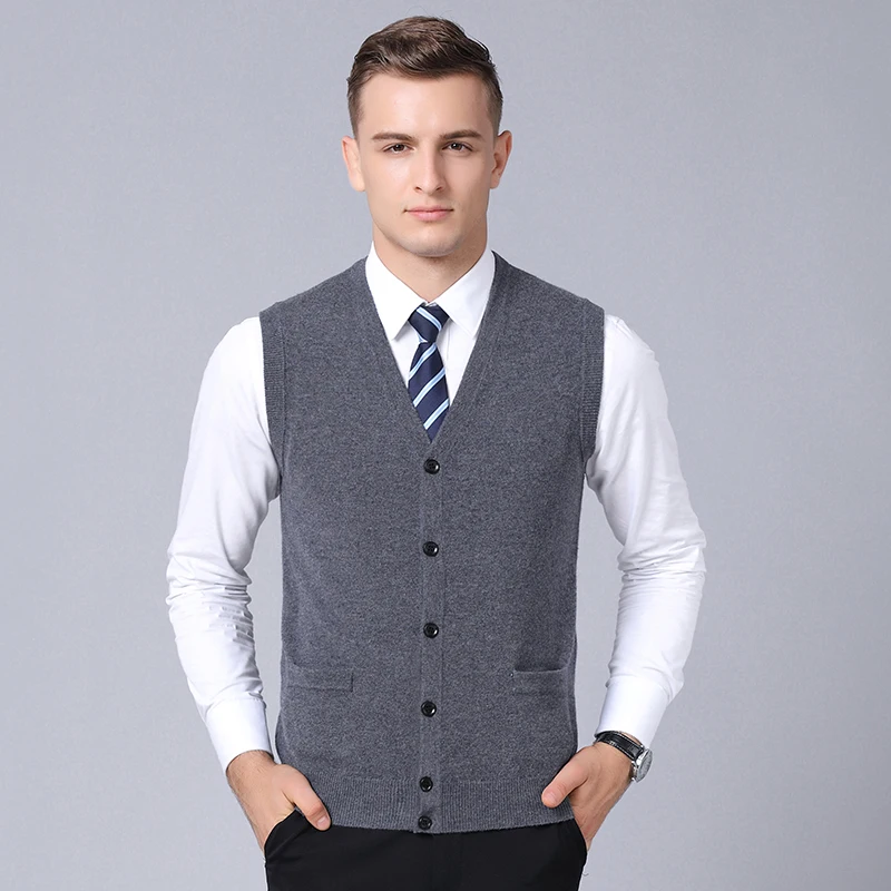 High quality mens 100% wool sweater vest cardigan male business casual ...