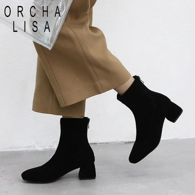 

ORCHA LISA Woman cow suade ankle boots Black back zipper Boots block heels 5cm spring autumn winter booties med heel shoes