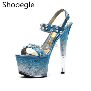 

Bling glitter 17CM high heel women night club dance sandals platform open toe Rivets ankle buckle strap pumps for fashion show