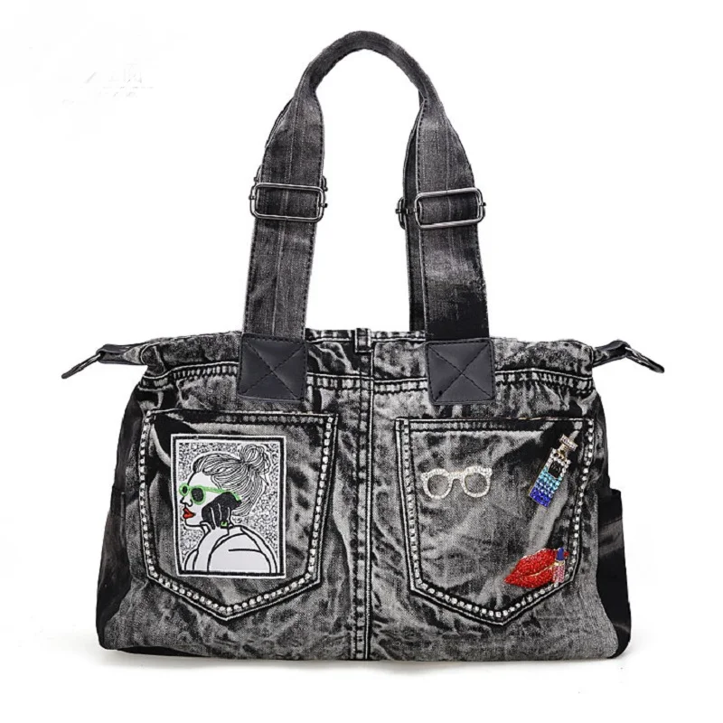 

Casual Fashion Design Denim Diamonds Pocket Vintage Women Tote Bags Lady Handbags Jeans Denim Shoulder Bag Messenger bags