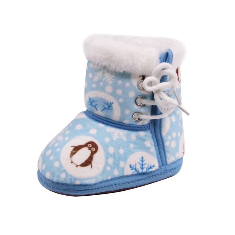 Детские зимние сапоги хлопковая обувь ботинки для маленьких девочек мягкий теплый Снежинка принтом пингвина трубки ребенка с завязками
