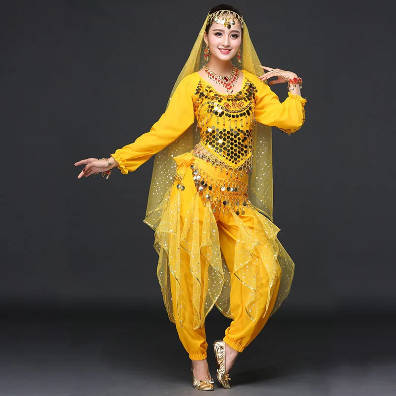 Женская танцевальная одежда сари набор костюма для танца живота Болливуд индийские брюки костюм 5 шт.: топ, пояс, брюки, браслеты и вуаль - Цвет: yellow long sleeves
