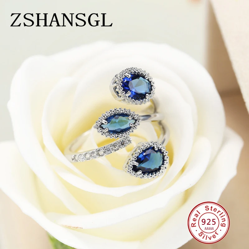 Classic 925 Sterling Silver High Quality Clear Blue Sparking CZ Geometric Stackable Opening Rings for Women Wedding Jewelry Gift
