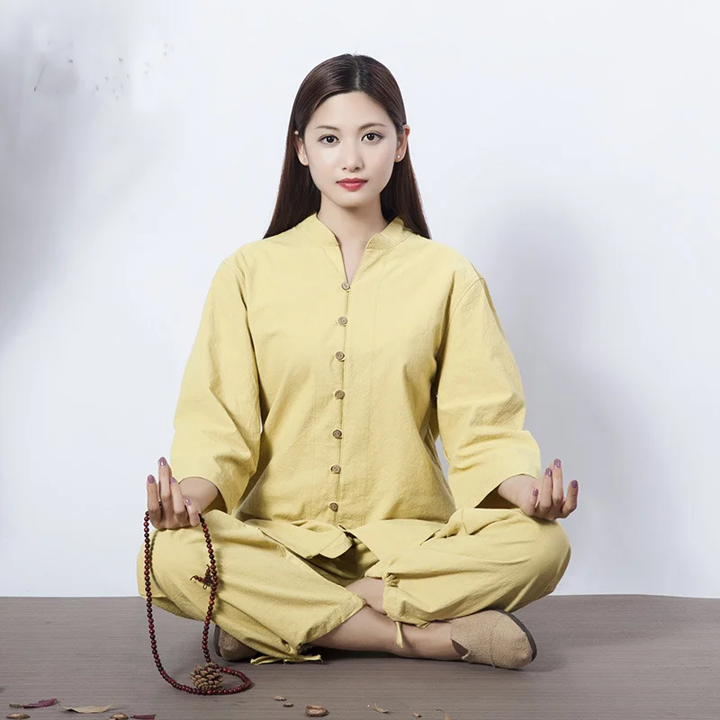 

Dropshipping Chinese Tradition Women Suit Loose Trousers Tops Set Tai Chi Zen Meditation Clothing Cotton Linen Outdoor Yoga Sets
