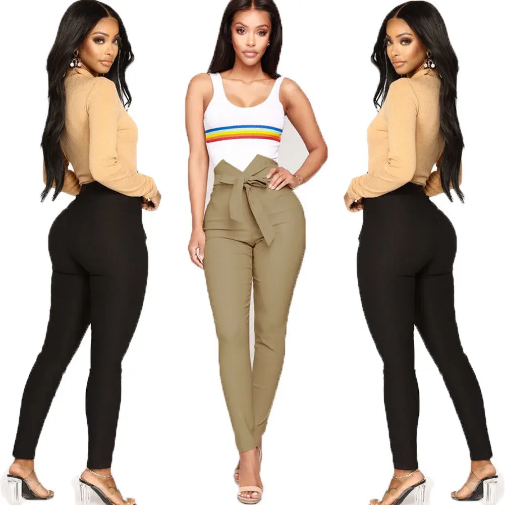 

Fashion New Women Skinny Summer Spring Solid Bow Pencil Pants High Waisted Stretch Slim Fit Trousers Unique Design Daily Pants