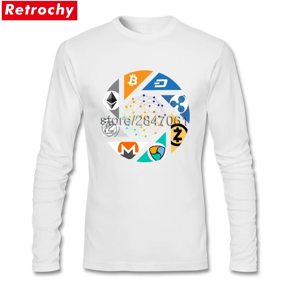 Cryptocurrency Bitcoin Litecoin Dash Zcash Ethereum Monero Ripple Men T Shirts Asian Size Crew-neck Long Sleeve T- Shirts