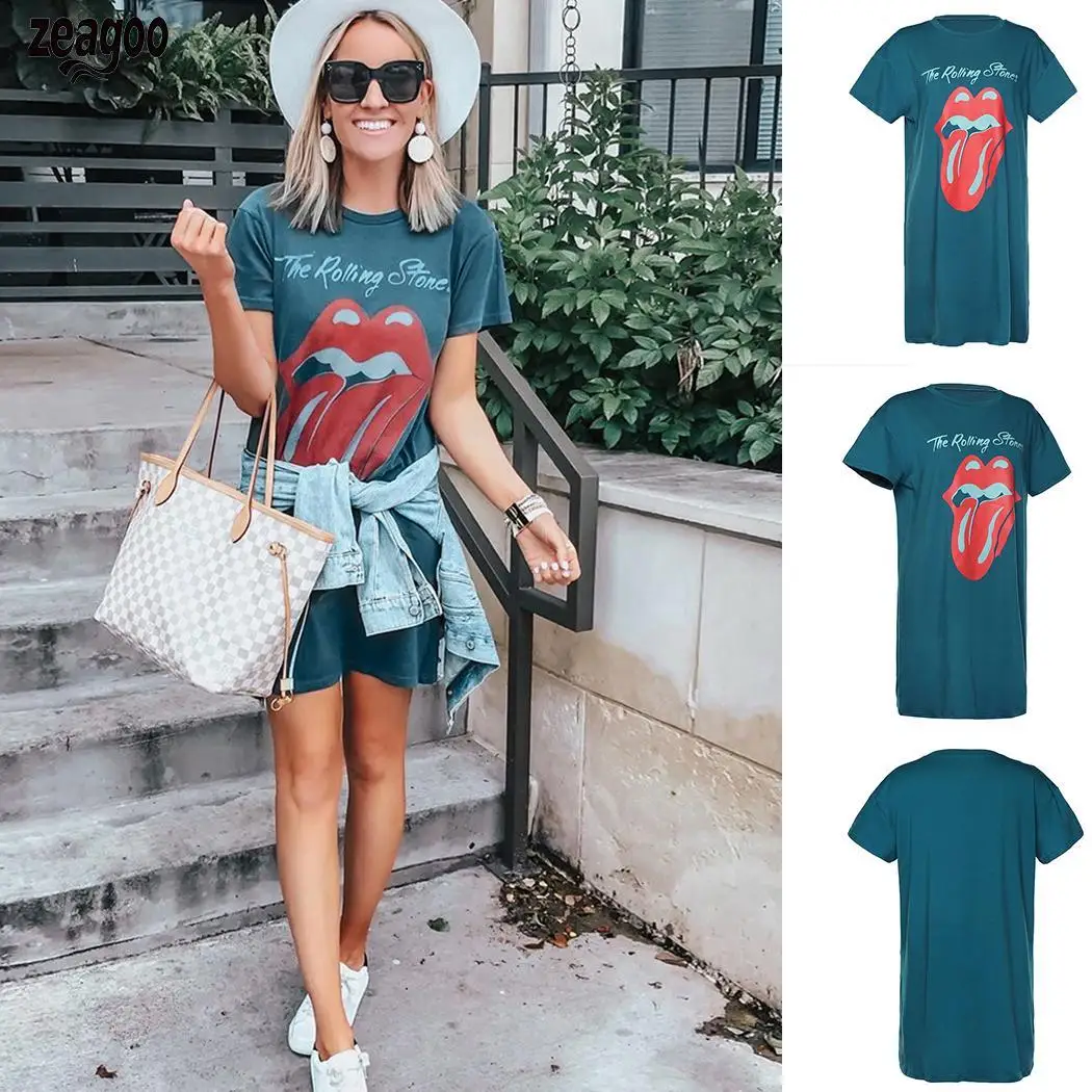 

Women Summer Casual Short Sleeve O-Neck Daily Print Blue None Dress Above Knee