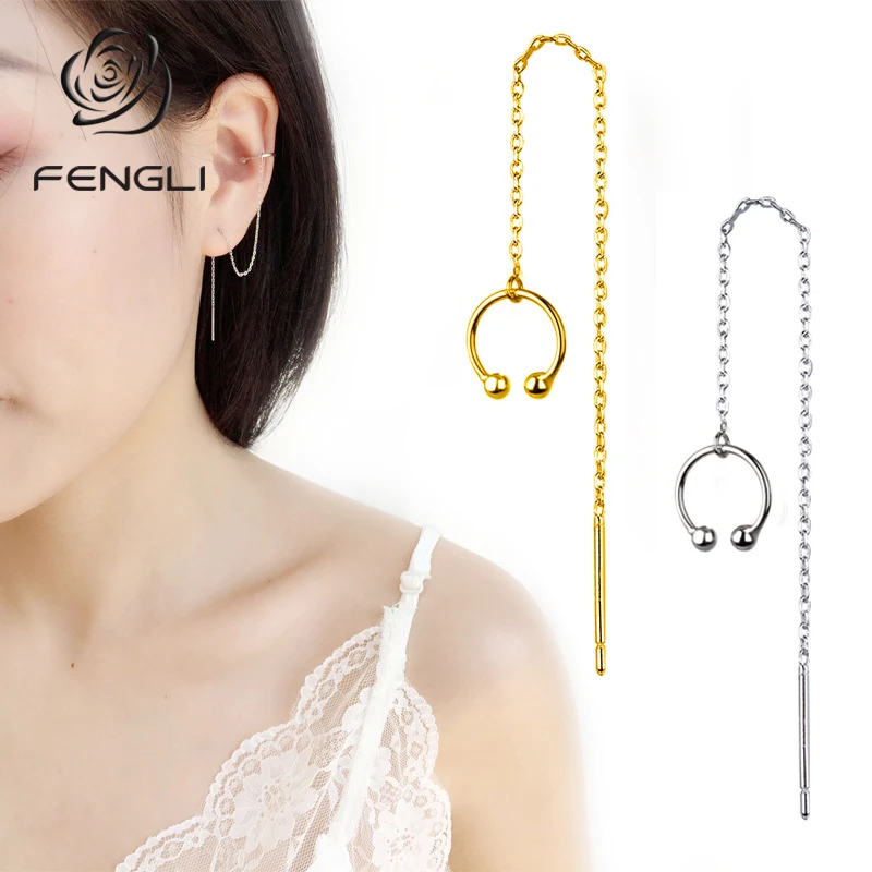

Gold Silver Round Wedding Earrings for Women Korean Style Bridal Dangle Earrings Fashion Jewelry Long Chain Earring