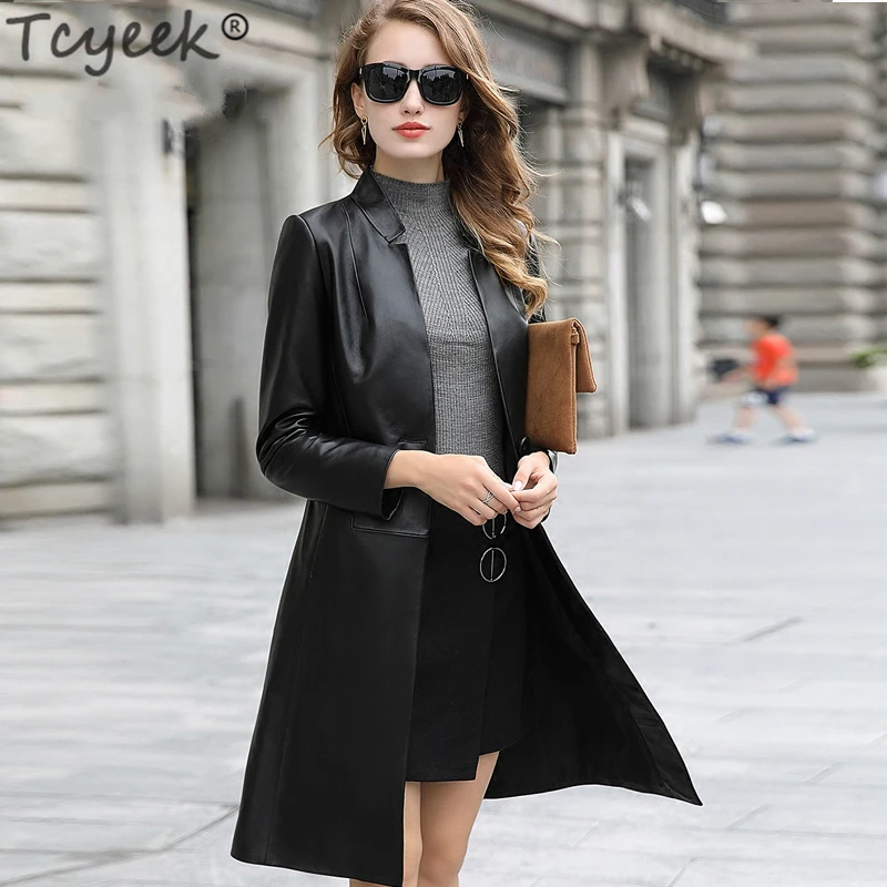 

Tcyeek Spring Real Sheepskin Coat Female Genuine Leather Jacket Women Montone Jacket Long Trench Coat Autumn Clothes LWL1485