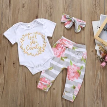 Одежда с цветочным принтом для маленьких девочек комплект повязка на голову с короткими рукавами комбинезон, штаны комплект из 3 предметов с цветочным принтом Одежда для новорожденных Одежда для девочек в возрасте до 1 года, размер от 0 до 12 месяцев