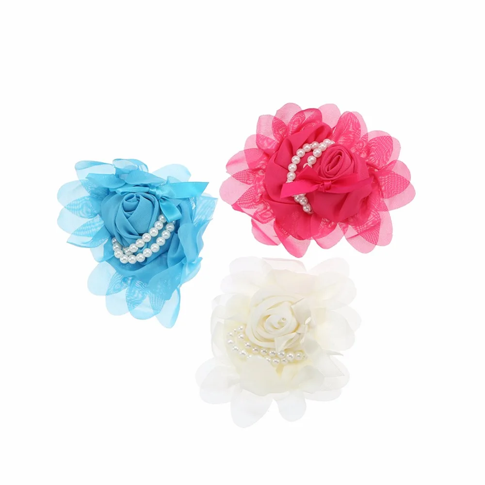 

10pcs/lot 3 Colors New Stock Chiffon Rosette Pearl Flower For Infant Children Hair Accessories Candy Color Flower For Hair Band