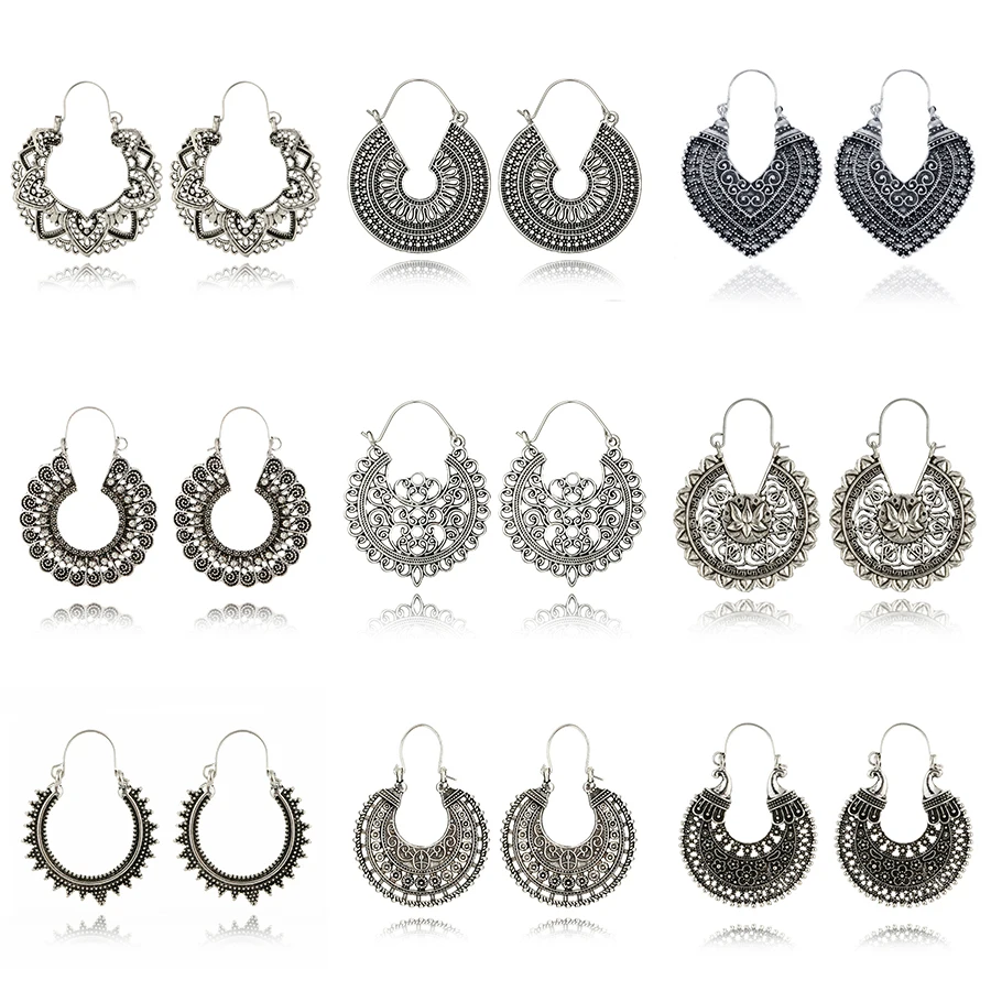 

HuaTang Vintage Antique Silver Earring Geometric Ethnic Style Flower Carving Drop Earring for Women Girl Dangle Earring Jewelry