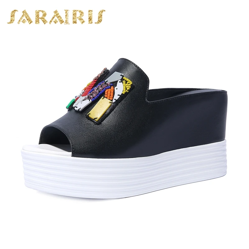 

Sarairis New Fashion Ladies High Heels Platform Crystal Slippers women's Summer Genuine Leather Women Wedges Shoes Woman