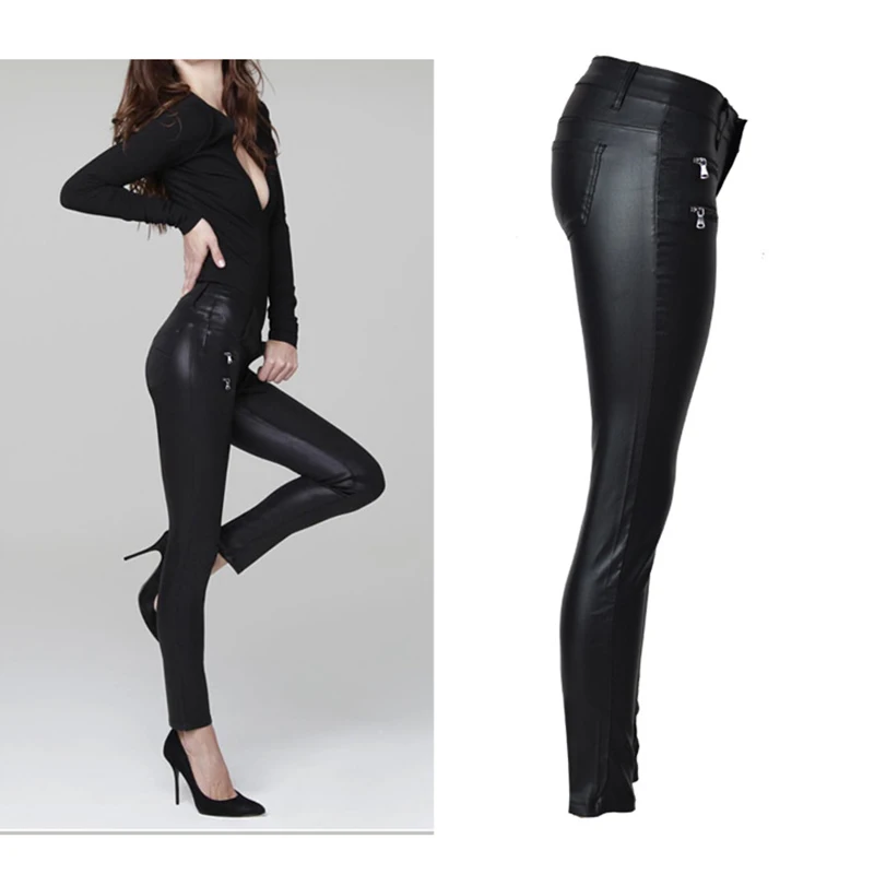 CbuCyi черные брюки из искусственной кожи pu женские с низкой талией, зауженный двойной застежка-молния хлопковые джинсы женские мото байкерские узкие брюки