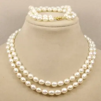 

2 row 8-9mm genuine white fresh water oval pearl necklace bracelets 18inch-19"/7.5"