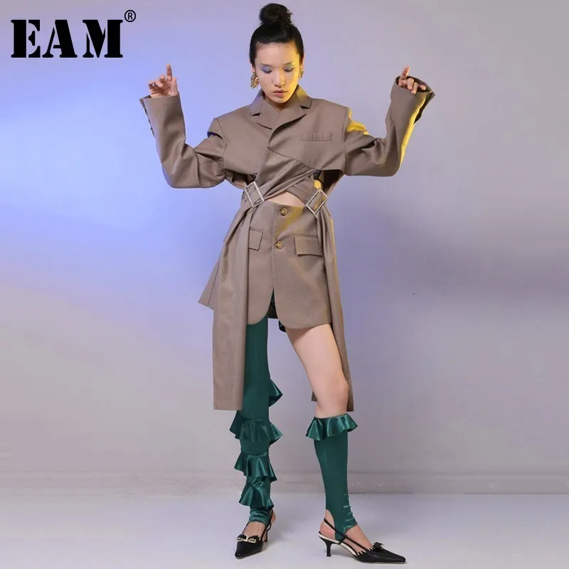 

[EAM] 2019 New Spring Lapel Long Sleeve Loose Waist Buckle Bandage Hollow Out Loose Jacket Women Coat Fashion Tide JH007