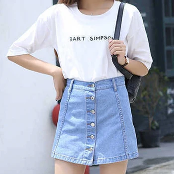 

Women High Waist A-Line Denim Skirts Casual Harajuku Single-Breasted Jeans Skirt New Mini Skirts Faldas Mujer Moda Women Skirt