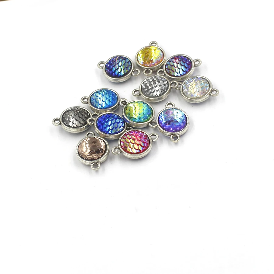 

Fnixtar Double Side Mermaid Fish Scale Charm Antique Silver Color Faux Druzy Cabochon Resin Round Connector Charms12 piece/lot