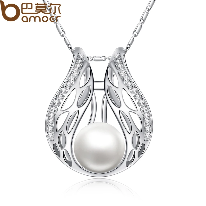 

BAMOER Silver Color Necklaces & Pendants with Paved Micro AAA Cubic Zircon Women Imitation Pearl Jewelry YIN026