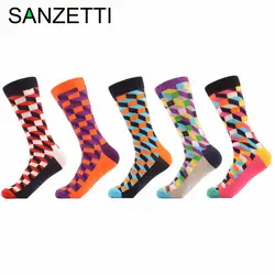 Sanzetti 5 пар/лот Для мужчин Красочные забавные чесаный хлопковые носки Argyle заполненные оптические полосатый картина носки повседневные