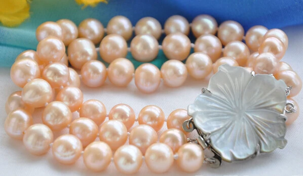 

001656 REAL 3row 8" 10mm pink round FRESHWATER CULTURED pearl BRACELET