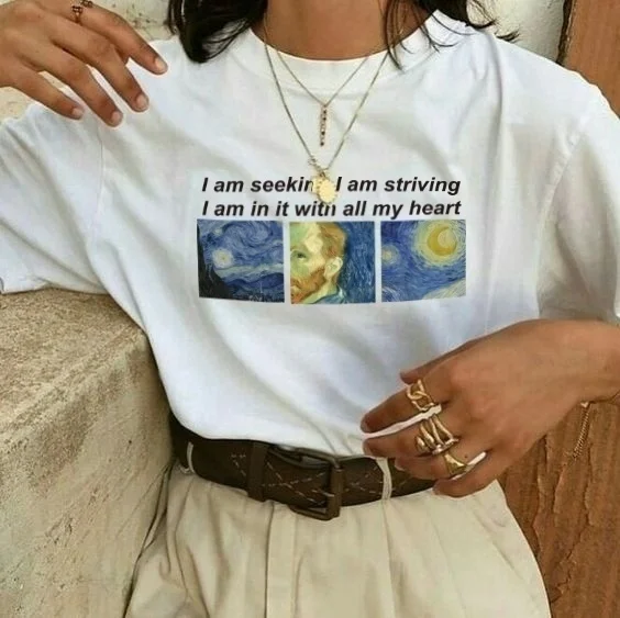 

kuakuayu HJN Vincent Van Gogh Quote T-Shirt Women Casual Aesthetic Tumblr Hipster Grunge Tees I Am Seeking,I Am Striving Tops