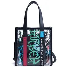 

FENGFU New Madam Fashion Shoulder Bags Clear Transparent Letter Printing Hasp Hand And Crossbody Bags