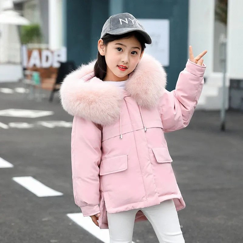 

Brand Winter New Girls Loose Fit Fur Collar Hoody White Duck Down Jacket Thick Warm Party Outwear Coat Pockets School Overcoat