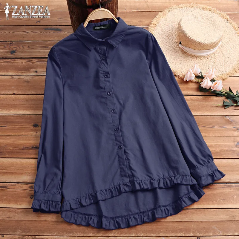Винтажная Женская Льняная блуза с рюшами размера плюс, женская рубашка на пуговицах, ZANZEA, асимметричные блузы, элегантная Рабочая туника, топы