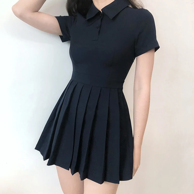 

New Summer Harajuku Turn-down Collar Girl Dresses Short Sleeve High Waist Vintage Pleated Dress Solid Color Mini Women Dress