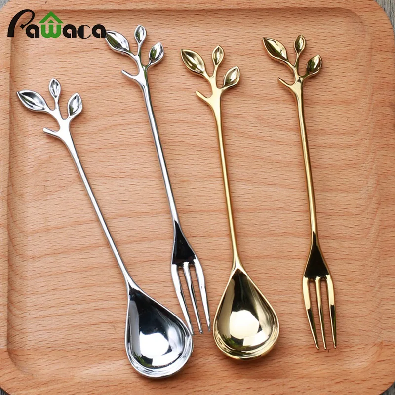 

2pcs Nordic Style Leaf Stainless Steel Mini Coffee Spoon Fruit Fork Cake Dessert Fork Set Stirring Spoon Teaspoon Tableware