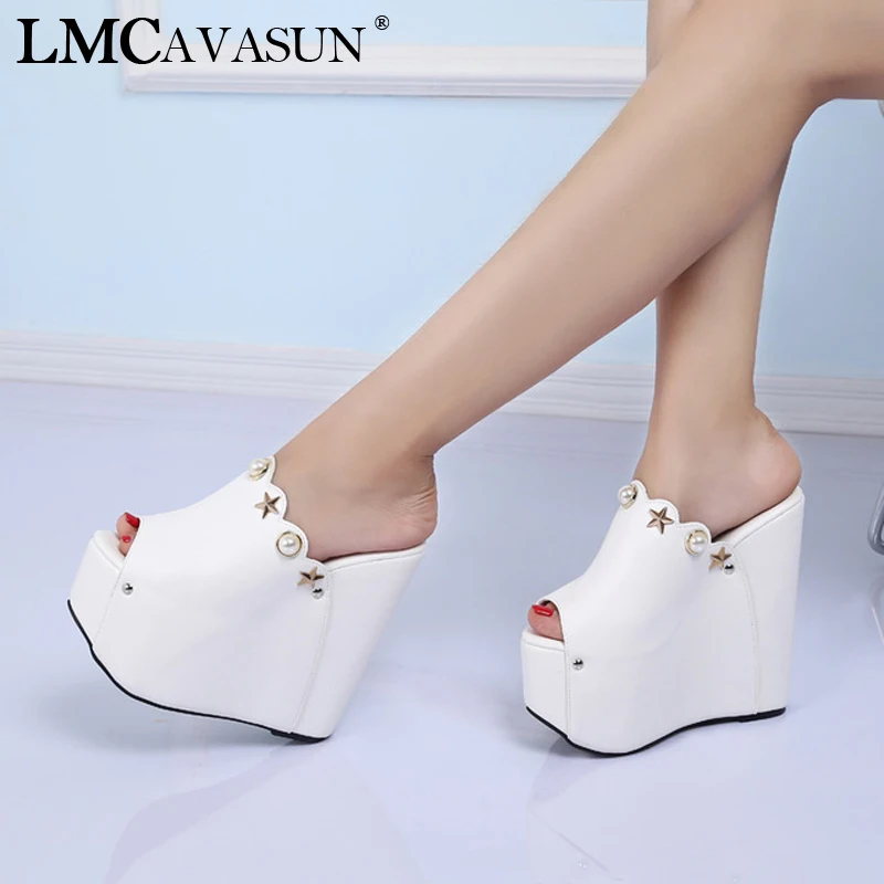 

LMCAVASUN Women Sandals 16cm Platform Wedges Women Shoes Thick Heel Open Peep Toe Sandals Leather Summer Style Slide Shoes