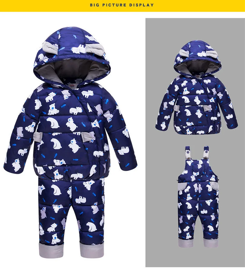 Для мальчиков и девочек Зимний Комплект Дети гусиный пух 95%+ пальто с капюшоном для маленьких детей Детские теплые животный принт четыре Цвет дополнительных Детские лыжный костюм