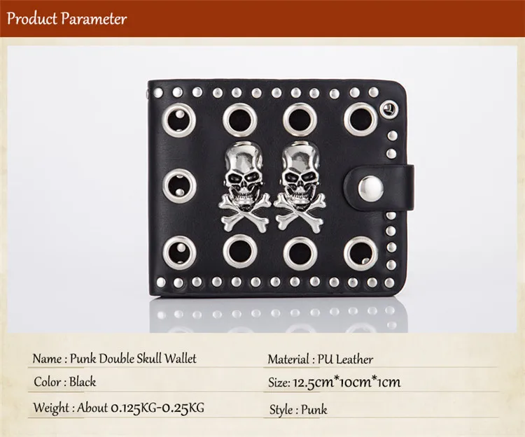 Темные мужские кошельки в готическом стиле панк из искусственной кожи, черный Ретро кошелек с двойным черепом, мужской Роскошный кошелек с заклепками и цепочкой, держатель для карт