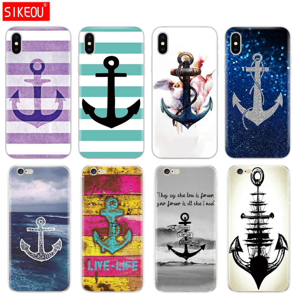 

Silicone Cover Phone Case For Iphone 6 X 8 7 6s 5 5s SE Plus 10 XR XS Max Case sea stripes anchor print