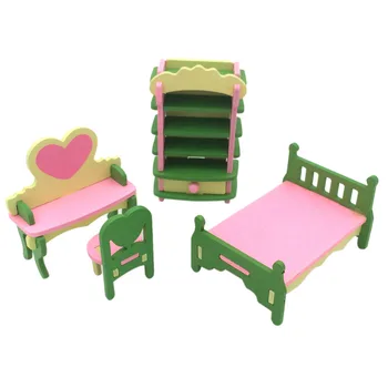 

4Pcs Children Pretend Play Miniature Wooden Furniture Toy DIY DollHouse Playset Classic Furniture Toys For Child - 541 Bedroom