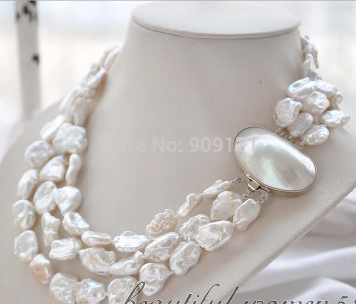 

Free Shipping>>3strands 17--19mm BAROQUE white KESHI REBORN PEARL NECKLACE mabe clasp