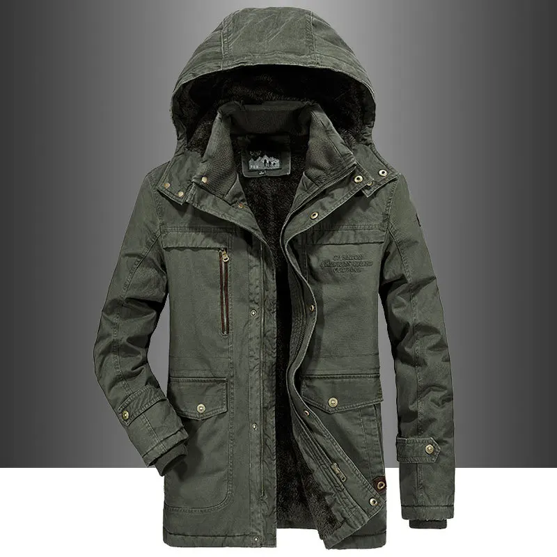 AFS JEEP зимняя куртка мужские парки пальто толстые теплые флисовые куртки пальто ветровка мужская размера плюс 5XL 6XL длинная куртка с капюшоном - Цвет: Армейский зеленый