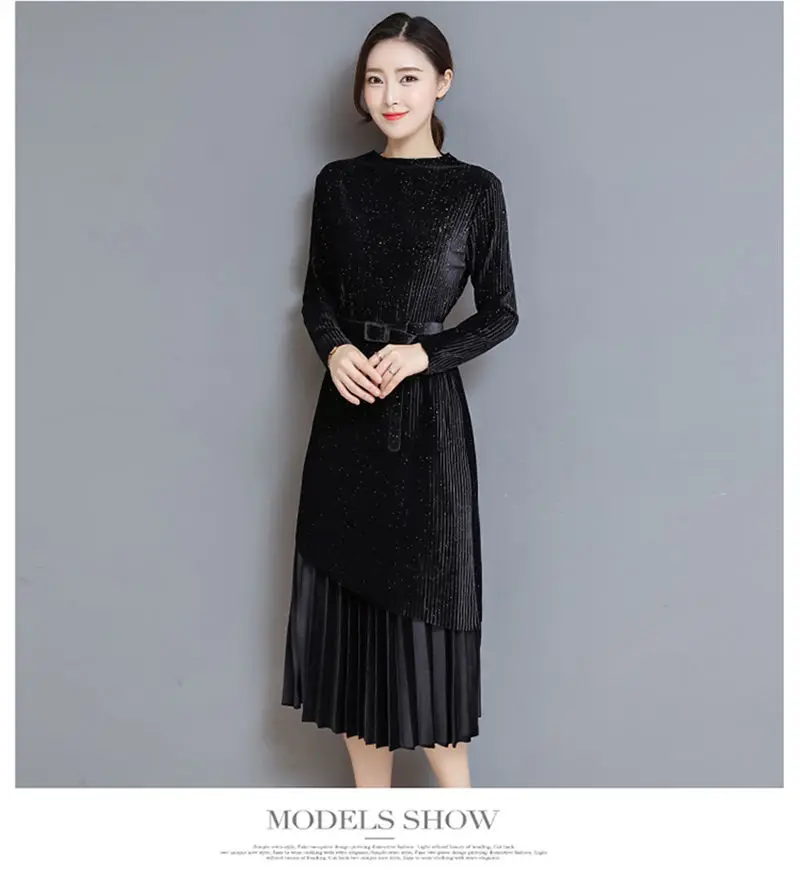 Fashion Autumn Winter Women Dress Elegant Sexy Pleate Female Dress Vintage Long Sleeve Velvet Two-piece suit Dresses vestidos