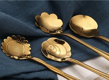 

Stainless steel spoon gift creative coffee spoon cherry blossom rose spoon Golden flower spoon kids small ladle gold flatware