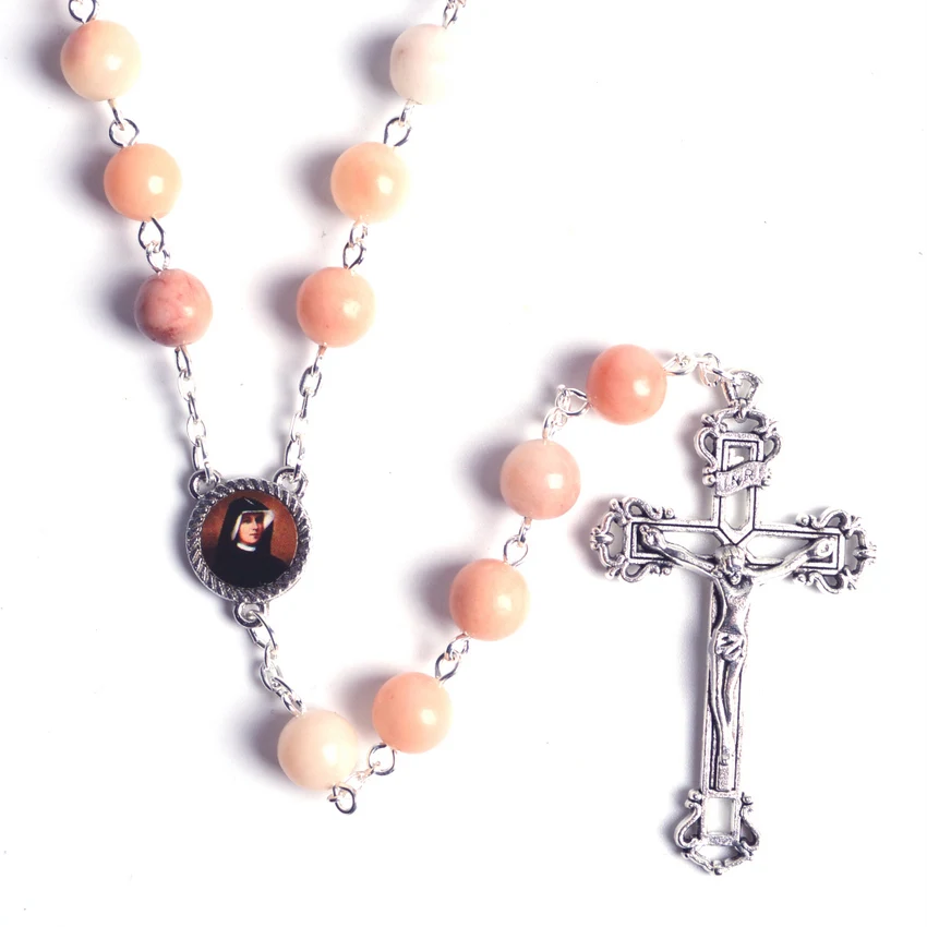 

Trendy Religious Nude Flesh-colored Natural Stone Beads St Faustina Chain Catholic Rosary Necklace