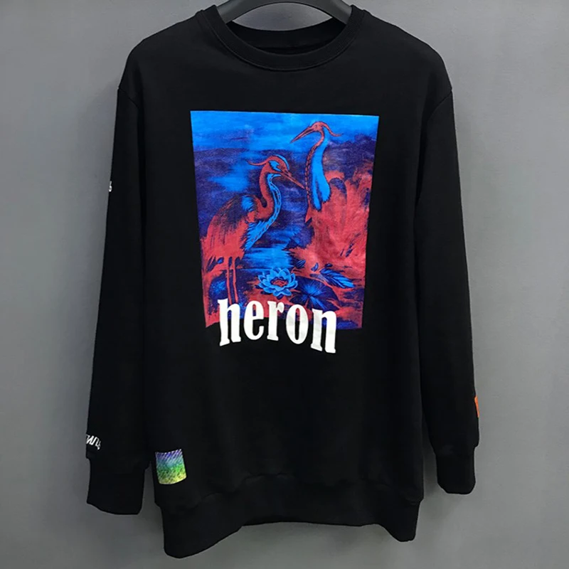 

19SS Heron Preston Red And Blue Color Pattern Red-crowned Crane Sweatshirt HP Spring New ONeck Sweatshirts Men Loose Printing